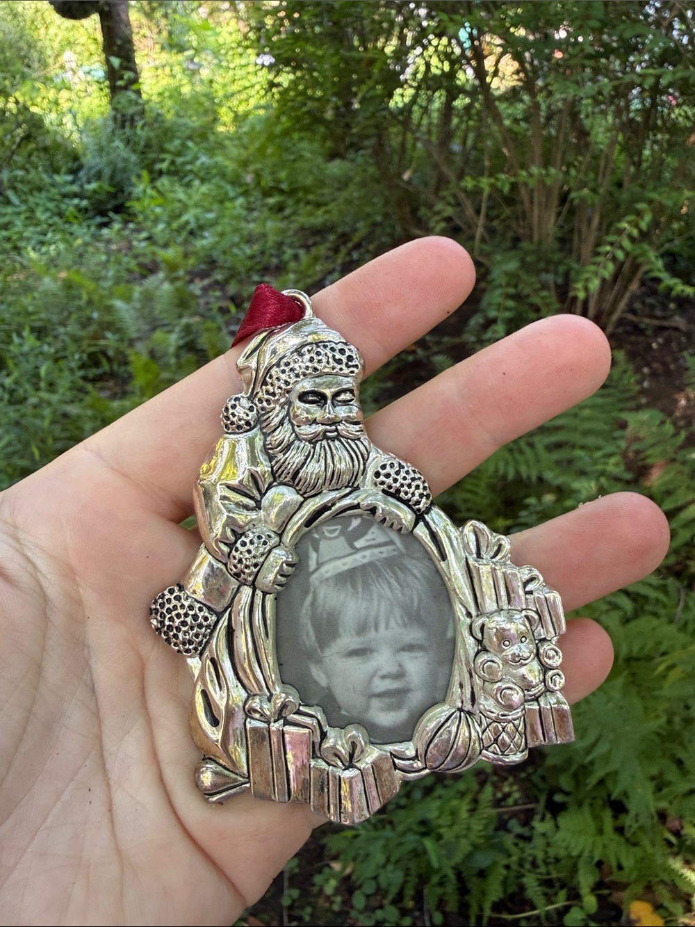 Gorham Silver Santa Photo Ornament with Red Ribbon